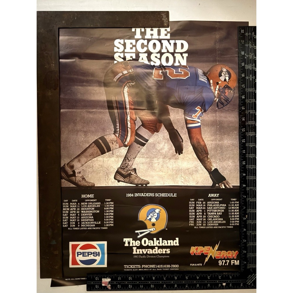 Vtg Poster FOOTBALL OAKLAND INVADERS 2nd Season Schedule  DIVISION CHAMPS 1983